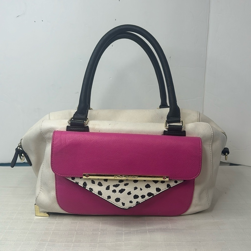 Betsey Johnson white and fucsia satchel purse